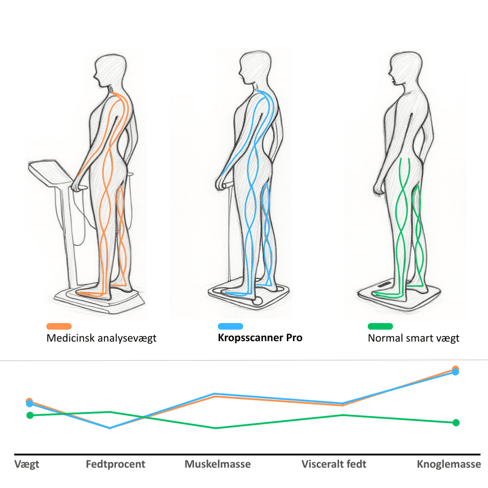 Kropsscanner Pro med 8 elektroder giver højere klinisk præcision end 4-elektrodescannere, måler fedtprocent, muskelmasse og kropssammensætning nøjagtigt for hjemmebrug