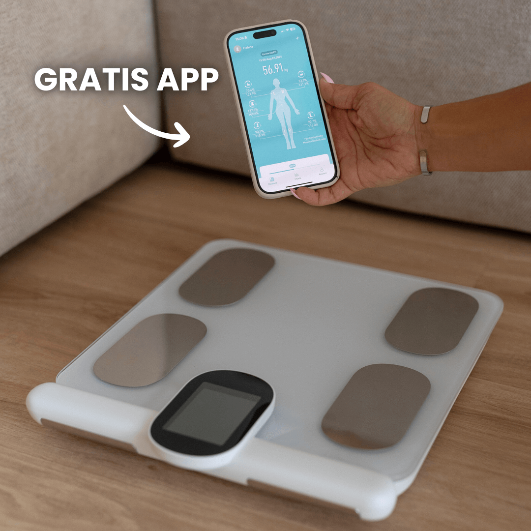 “Få gratis app ved køb af Kropsscanner Pro. Appen viser kropsanalyse, fedtprocent, muskelmasse og kropssammensætning, så du nemt kan følge dine sundheds- og træningsfremskridt hjemme