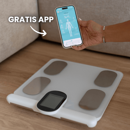“Få gratis app ved køb af Kropsscanner Pro. Appen viser kropsanalyse, fedtprocent, muskelmasse og kropssammensætning, så du nemt kan følge dine sundheds- og træningsfremskridt hjemme