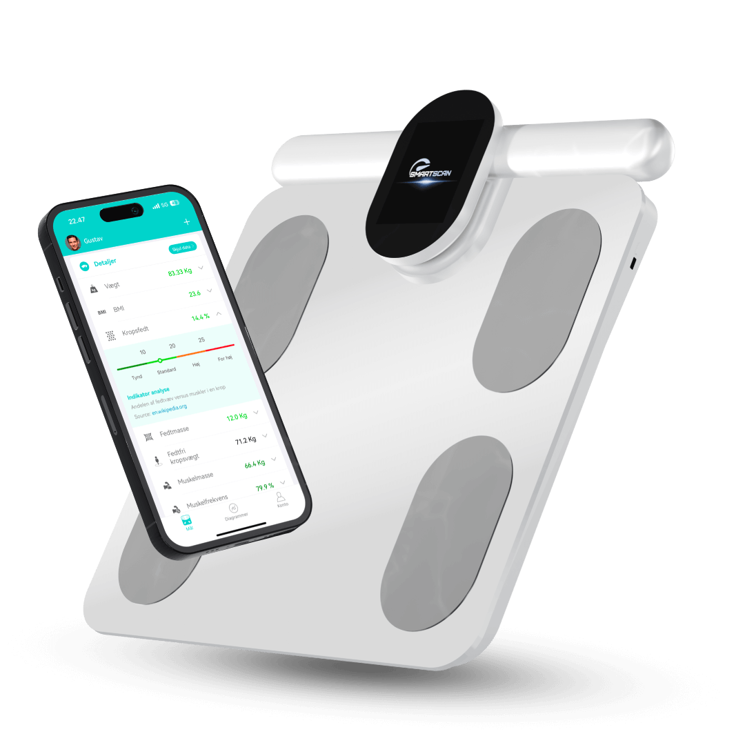 kropsscanner pro i hvid med tilhørende app (fitdays). Det ultimative værktøj til at tracke ens sundhedhed via målinger som fedtprocent, muskelmasse, BMI, kropsalder og meget mere