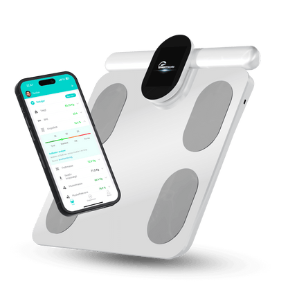 kropsscanner pro i hvid med tilhørende app (fitdays). Det ultimative værktøj til at tracke ens sundhedhed via målinger som fedtprocent, muskelmasse, BMI, kropsalder og meget mere