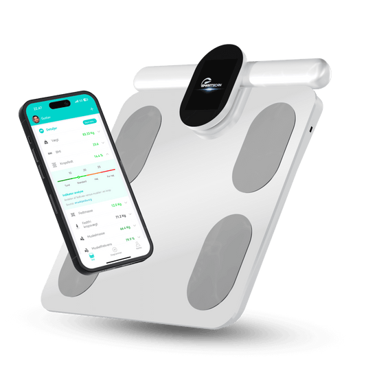 kropsscanner pro i hvid med tilhørende app (fitdays). Det ultimative værktøj til at tracke ens sundhedhed via målinger som fedtprocent, muskelmasse, BMI, kropsalder og meget mere