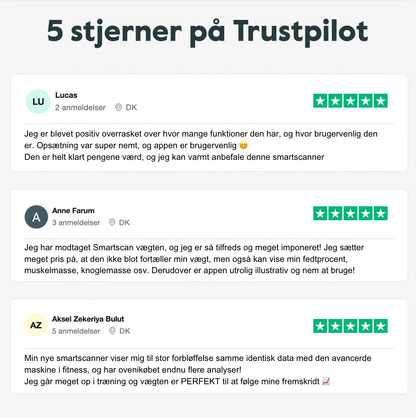 3 trustpilot anmeldelser der illustrer hvor tilfredse vores kunder er med kropsscanner pro og dens mange funkioner