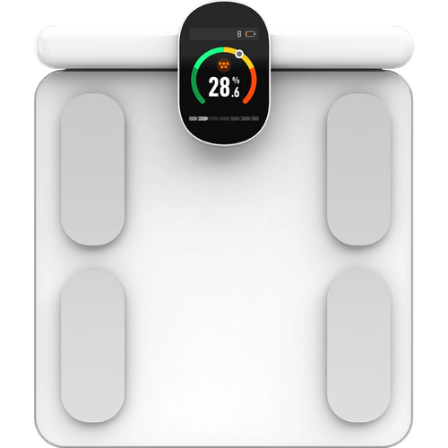 Produktbillede af den elegante kropsscanner pro i hvid. Udstyret med en stor display skærm så forbrugeren hurtigt og bekvemt kan få et indblik i deres sundhed