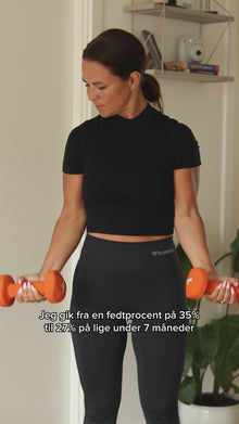 “Video af kvinde, der viser sin imponerende kropsforvandling fra 35% til 27% fedtprocent ved hjælp af Kropsscanner Pro. Hun forklarer, hvordan scanneren hjælper hende med at følge fedtprocent, muskelmasse og kropssammensætning hjemme